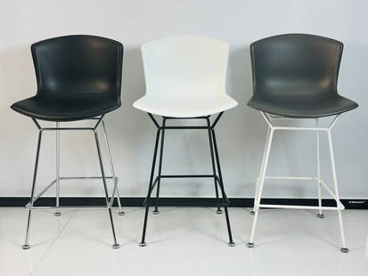 Set of Three Harry Bertoia Leather Barstools for Knoll, Signed: Set of three Harry Bertoia Leather and Metal barstools. The barstools were designed by Harry Bertoia for Knoll International. All signed/labeled. Measurements: 43.25 inches high x 21.50 inches wide x