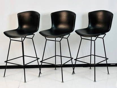 Set of Three Harry Bertoia Leather Barstools for Knoll, Signed & One in Box: Set of three Harry Bertoia Leather and Metal barstools. The barstools were designed by Harry Bertoia for Knoll International. The pieces are in like new condition, one of them comes in the original bo