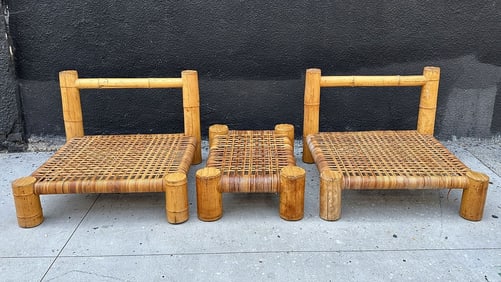 Pair of Large Armchairs & Table/Ottoman, Karl Springer Style