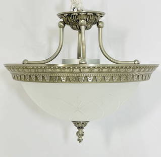 Cast Bronze & Glass Semi Flush Ceiling Light Light: Heavy polished cast bronze and etched and frosted glass Art Deco style semi flush mount light fixture. The metal frame is made out of cast bronze with a nickel finish. Unmarked. Measurements: 17.50 in