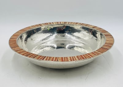 Emilia Castillo Silver Plate Bowl with Jasper Stone Inlay, Signed, Mexico 1980's