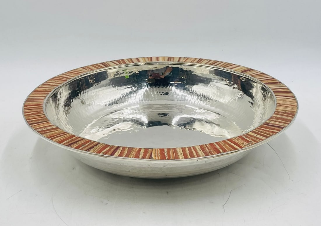 Emilia Castillo Silver Plate Bowl with Jasper Stone Inlay, Signed, Mexico 1980's
