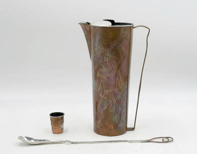 Copper & Silver Cocktail Set by Ana Nunez Brilanti for Victoria Taxco: Striking vintage Mexican Modernist cocktail pitcher set by Ana Nunez Brilanti for Victoria, Taxco, Mexico, circa 1950s. This rare three-piece bar set includes a tall copper cocktail pitcher with integ