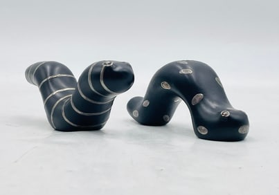 Pair of Emilia Castillo Black Porcelain & Pure Silver Worm Sculptures, Signed, Mexico 1997