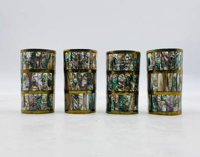Emilia Castillo for Los Castillo Silver Plate and Abalone Shell Sculpture, Signed: A vibrant and collectible set of four hand-crafted tumblers by Villa Taxco, a respected workshop in Taxco, Mexico. Each cylindrical cup features alternating bands of abalone shell inlay and silver-pla