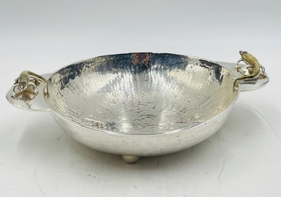 Wolmar Silversmiths for Los Castillo Silver Bowl with Stone Inlay Iguanas, Mexico 1960's
