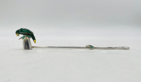 Emilia Castillo Candle Snuffer with Malachite Parrot and Leaf Motif, Mexico 1980's