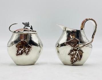 Emilia Castillo Silver-Plate Creamer Pitcher & Sugar Pot with Jasper Inlay, Signed