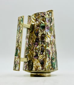 Vintage Mexican Silver Plated Water Pitcher with Abalone Inlay, Signed LHG, 1960s