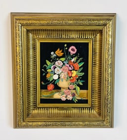 Hand-Painted Enamel Floral Painting, Spanish School, 20th Century, Signed Maciel