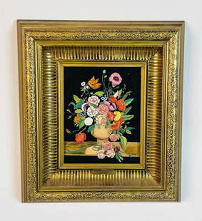Hand-Painted Enamel Floral Painting, Spanish School, 20th Century, Signed Maciel: A vibrant hand-painted enamel on metal attributed to the Spanish School, 20th century. This striking floral still life depicts an overflowing bouquet in vivid, high-gloss colors set against a deep bla