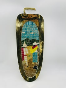 Mid-Century Mexican Brass Mosaic Tray with Figural Scene, Attributed to Salvador Terán