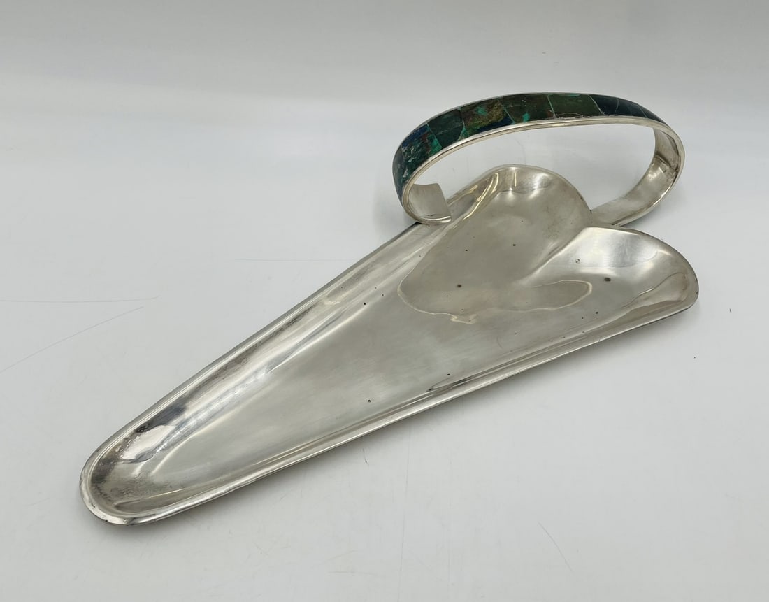 Mexican Modernist Malachite Inlay Tray by Los Castillo, Silver Plate, 1950s (1 of 19)