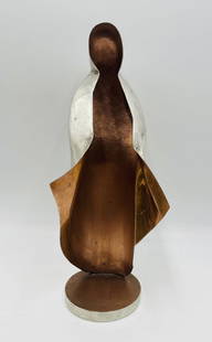 Modernist Silver-Plated Copper Sculpture, Mexico, Marked Plateado: Elegant modernist figural sculpture crafted in silver-plated copper, marked Plateado Mexico. Standing at 9.5 inches tall, the piece features a stylized, abstract human form—possibly representing a c