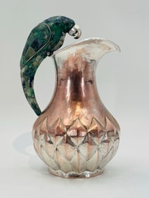 Whimsical Mexican Silver, Copper & Malachite Parrot Pitcher, 12" High