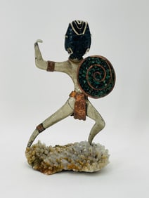 Whimsical Mexican Mixed Metal Warrior Sculpture on Quartz Base, Signed TORO