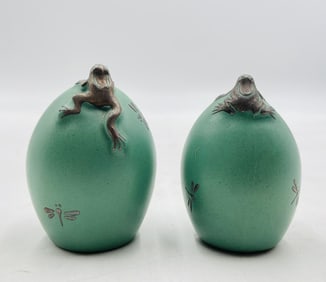 Whimsical Frog & Dragonfly Porcelain & Pure Silver Salt & Pepper Shakers by Emilia Castillo