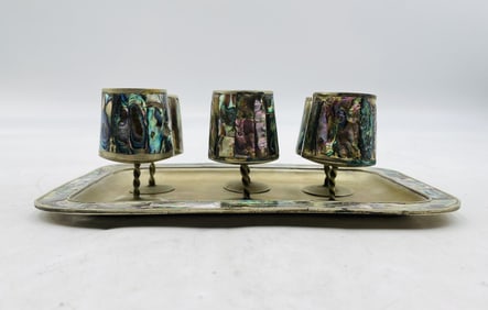Vintage Mexican Alpaca Silver Cordial Set with Abalone Shell Inlay