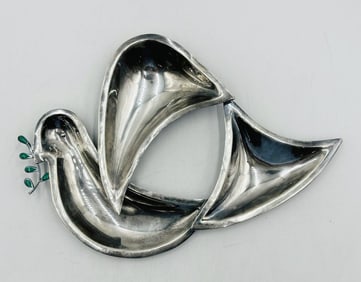 Los Castillo Silver Plate Dove Dish with Turquoise Inlay, Mexican Modernist