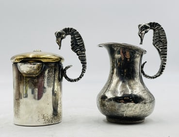 Los Castillo Seahorse Silver Plate Creamer & Sugar Pot, Mexican Modernist, Taxco 237