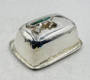 Emilia Castillo Silver Plate Butter Dish with Malachite Lizard Inlay, Mexican Modernist