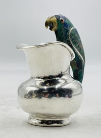 Los Castillo Silver Plate Pitcher with Lapis Lazuli & Malachite Parrot Handle, Taxco Modernist