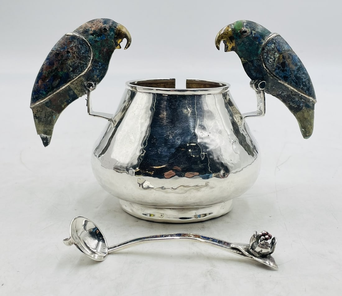 Los Castillo Silver Plate Sugar Pot with Lapis & Malachite Parrots and Ladle, Mexican Modernist (1 of 18)