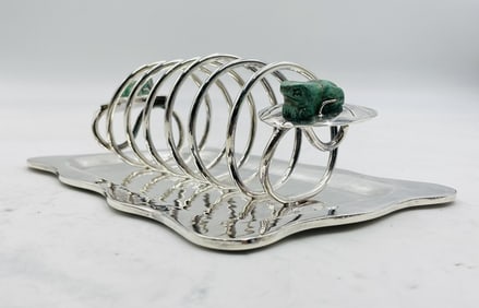 Emilia Castillo Silver Plate & Malachite Frog Desk Organizer, Hand-Signed, Mexican Modernist