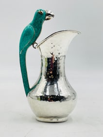 Mexican Silver Plate Water Pitcher with Crushed Turquoise Parrot Handle, Taxco Modernist