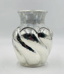 Early Los Castillo Silver Plate Vase with Mother-of-Pearl Inlay, Taxco Mexico: A striking and early silver-plated vase by the renowned Taxco silversmiths Los Castillo, featuring a sculptural form with swirling, hand-hammered curves and shimmering mother-of-pearl tile inlay along