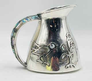 Los Castillo Silver Plate Pitcher with Abalone & Mother-of-Pearl Inlay, Taxco