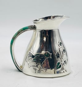 Los Castillo Silver Plate Pitcher with Malachite Inlay, Bird & Floral Motif, Taxco