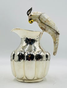 Monumental Los Castillo Parrot Pitcher in Silver Plate & Mother-of-Pearl