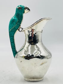 Mexican Silver Plate Pitcher w/ Crushed Emerald Parrot Handle, Villasana Style