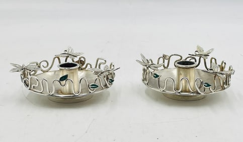 Pair of Emilia Castillo Silver Plate Candle Holders w/ Enamel & Butterfly Motif, Mexican Modernism