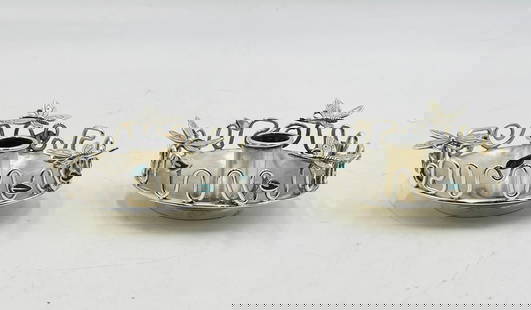Pair of Emilia Castillo Silver Plate Candle Holders w/ Enamel & Butterfly Motif, Mexican Modernism: Charming pair of Mexican silver-plated candle holders by renowned designer Emilia Castillo, featuring her signature organic motifs with enamel accents and sculptural butterfly details. Each round hold