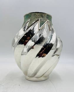 Striking Spiral Silver & Azurite Vase by Emilia Castillo, Mexico, Signed: Striking large silver-plated vase by renowned Mexican designer Emilia Castillo, featuring a bold spiral form with geometric inlay of richly mottled azurite stone around the rim. This sculptural piece