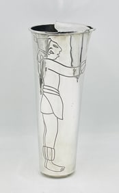 Striking Los Castillo Silver Plate Cocktail Pitcher with Figural Aztec Motif, Mexico 1960's