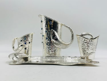 Designer Silver Plate Tea Service by Emilia Castillo, Gemstone Inlay, Signed