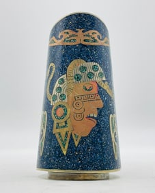 Sculptural Mexican Mixed Metal Pitcher w/ Pre-Columbian Motif & Stone Inlay