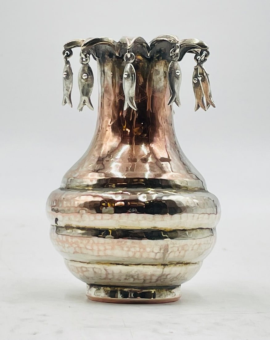 Whimsical Copper & Silver Vase by Emilia Castillo, Hanging Fish Motif, Signed (1 of 8)