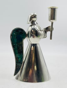 Los Castillo Angel Candle Holder in Silver Plate w/ Lapis & Malachite Wings, Taxco