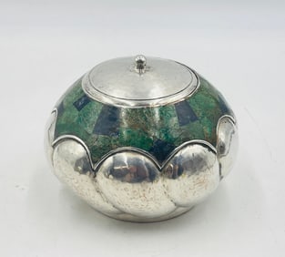 Los Castillo Silver-Plated Covered Vessel, Gemstone Inlay, Mexican Modernism