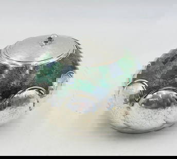Los Castillo Silver-Plated Covered Vessel, Gemstone Inlay, Mexican Modernism: Striking covered bowl by the renowned Los Castillo workshop, crafted in silver-plated metal and inlaid with a vibrant mosaic of malachite and lapis lazuli. This rounded vessel features a bold, scallop