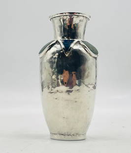 Emilia Castillo Silver Plate Vase with Lapis Lazuli & Azurite Inlay – Hand-Signed: This elegant silver-plated vase by celebrated Mexican designer Emilia Castillo showcases the refined artistry and cultural richness of Mexican silversmithing. The vessel features a gently hand-hammere