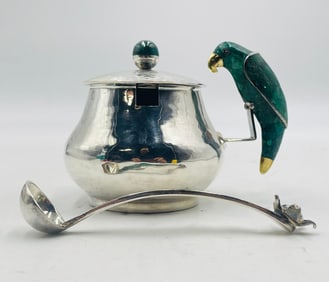 Emilia Castillo Silver Plate Sugar Bowl with Parrot & Ladle, Malachite Inlay, Mexico 1980s