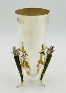 Early Los Castillo Silver Plate Bullet Vase with Lizard Handles, Taxco Mexico: An exceptional early Los Castillo bullet-form vase, handcrafted in silver plate and adorned with four highly stylized lizard handles, modeled in relief with sinuous movement and inlaid green stone acc