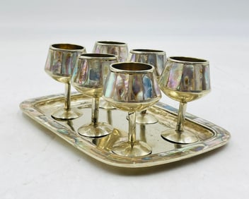 Mexican Alpaca Silver & Abalone Cordial Set with Tray, Cups Marked "Mexico"