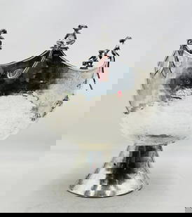 Sculptural Mexican Punch Bowl with Monkeys by Emilia Castillo, Mexico 1980's: A remarkable and whimsical punch bowl by renowned Mexican designer Emilia Castillo, featuring sculpted monkeys perched along the pentagonal rim. Crafted in silver plate over a hammered form, this comm