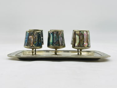 Vintage Mexican Alpaca Shot Set with Abalone Inlay & Serving Tray
